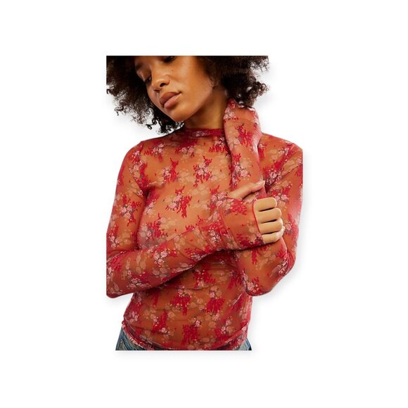Free People Semi-Sheer Mesh Lady Lux Layering Top in Scarlet Combo size XS NWT - Picture 10 of 10